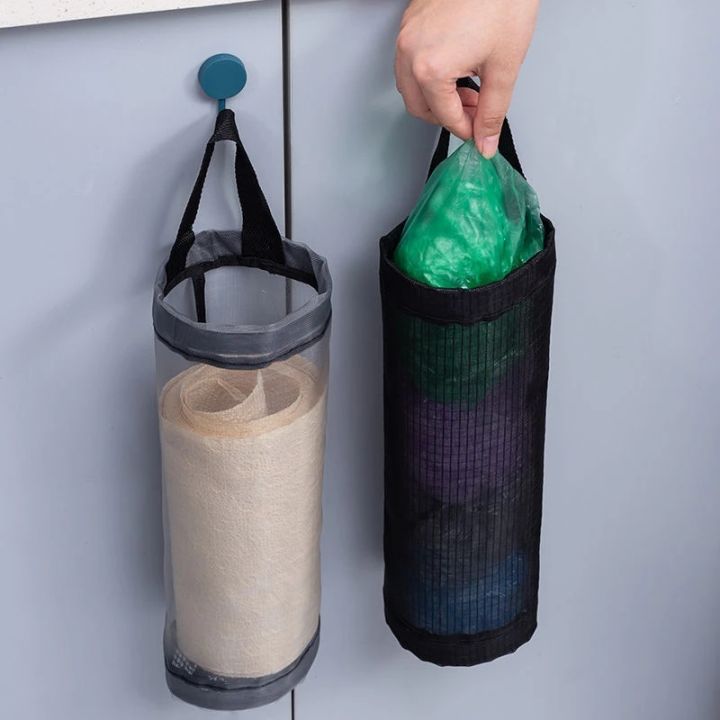 ถุงตาข่ายใส่ของแบบแขวนถุงใส่ของในร้านขายของชำถุงใส่ถุงขยะพลาสติกสำหรับตัวยึดติดผนังหัวปั๊มสำหรับครัว