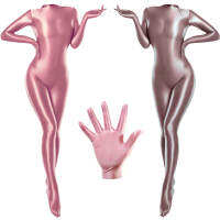 Meam Glossy Satin Long Sleeve Zipper Back Full Length Leotard with Finger s Catsuit Plus Size