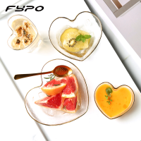 Fypo ถ้วยแก้วรูปหัวใจขอบทองสไตล์ญี่ปุ่นสลัดขนมหวานชามอาหารเช้าชานมแก้วผลไม้ผักจานขนมถ้วยน้ำภาชนะบรรจุอาหารกันความร้อนเครื่องครัวสุดสร้างสรรค์อุปกรณ์สำหรับโต๊ะอาหารชุดอาหาร