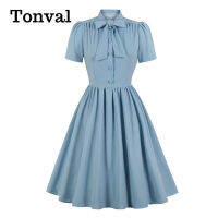 KKTonval Tie Neck Button Up 50S Pinup Robes ผู้หญิง Vintage จีบ Swing Dress ฤดูร้อนสีฟ้า Elegant R เสื้อผ้าสุภาพสตรี Dressesq11