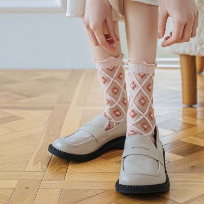 RERB ถุงเท้าขนถุงเท้าผ้าไหมแก้วถุงเท้าหลอดผู้หญิงผ้าลูกไม้ลายดอกไม้บางพิเศษถุงเท้าขนฟูนุ่มหวานเกาหลี