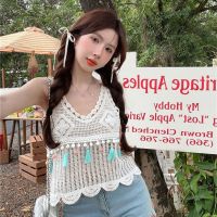 BZA6560 พู่ห้อยคอ เสื้อกั๊กสำหรับผู้หญิง สีทึบทึบ ผ้าคอตตอน เสื้อถักนิตติ้ง ลำลองแบบสบายๆ เป็นรูกลวง ท็อปส์ซูถัง ชายหาดริมชายหาด