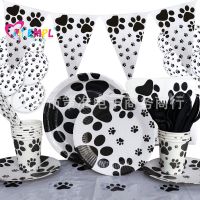 Black White Dog Paw Tableware Party Decoration Set Cute Pet Dog Party Happy Birthday Disposable Tableware