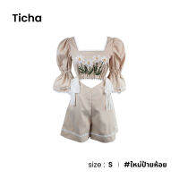 Ticha จั๊มสูทแขนตุ๊กตาลายดอกไม้ปัก D036-6