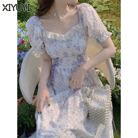 French literary and gentle floral dress Slim fairy dress slim short-sleeved dress