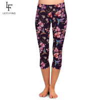 LETSFIND High Quaility 220gsm Milk Silk Birds and Orchid Print Capri Leggings High Waist Plus Size Soft Stretch Leggings