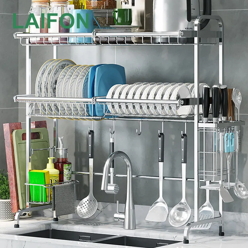 NEX 2-Tier Stainless Steel Dish Rack Nonslip Height Adjustable with Chopstick