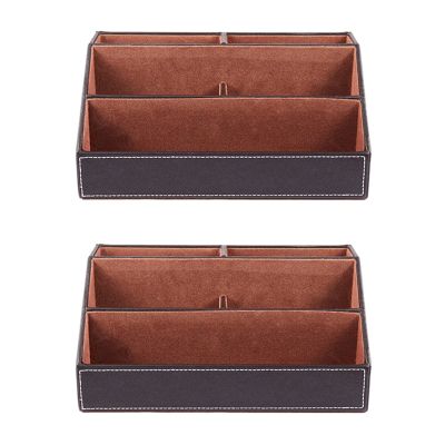 2X Home Office Wooden Struction Leather Multi-Function Desk Stationery Organizer Storage Box(Brown)