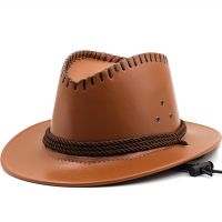 Simple Male Leather Jazz Hat Adult Fedoras Hat Male PU Fedoras Cap Mens 7CM Wide Brim Leather Cowboy Hat