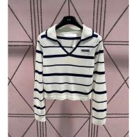 [FREE SHIPPING]MIU Polo with Wave Edge Stripe Contrast Letter Jacquard Long Sleeve Top Fashion Knit