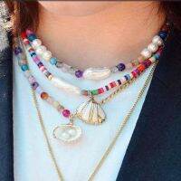 【cw】 beautiful rainbow necklace colored stones natural shell pendant long summer clothes accessories ！