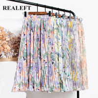 REALEFT New 2021 Vintage Floral Printed Tulle Pleated Mi-long Women Skirts High Waist Loose Female Umbrella Skirts Spring Summer