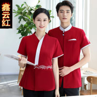 ชุดทำงานพนักงานโรงแรมแขนสั้นหญิงโรงแรมชาจีนร้านอาหารเสื้อผ้าอาหารหม้อไฟโรงแรมผ้าฝ้ายโพลีเอสเตอร์บาง