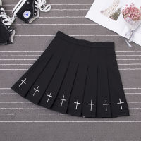 【CW】Women Harajuku Sweet Fresh Feeling High Waist Pleated Skirt Elastic Waist Cross Embroidery Skirt Pleated Skirt