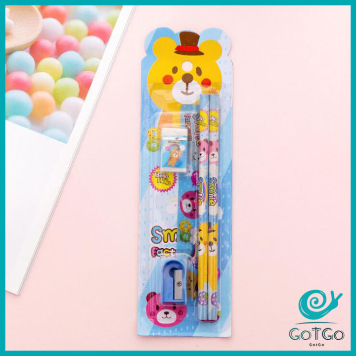 gotgo-เครื่องเขียนราคาถู-เครื่องเขียนราคาถู-ชุดเครื่องเขียนดินสอลายการ์ตูนน่ารัก-4-ชิ้น-cartoon-stationery-set