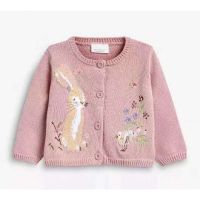 Baby Girls Cotton Knitted Cardigan Pink Color Cartoon Rabbit Embroidery Spring Autumn Sweater Kids Outerwear Top