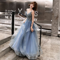 Banquet Sleeveless Sling Blue Evening Dress Female 2021 Summer New Atmospheric Texture Slim Maxi Dress Long Ladies Plus Size Formal Ball Gowns For Debut Floor Length.