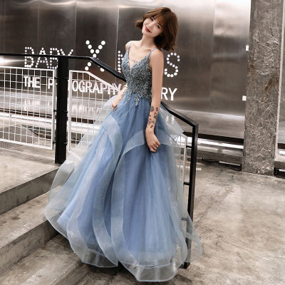Banquet Sleeveless Sling Blue Evening Dress Female 2021 Summer New Atmospheric Texture Slim Maxi Dress Long Ladies Plus Size Formal Ball Gowns For Debut Floor Length.
