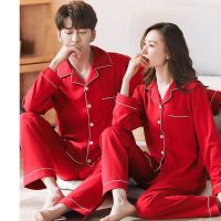 Ready❤ ❤Ready stock❤Couple pajamas female spring and autumn ice silk long-sleeved big red wedding festive mens autumn and winter ice silk wedding home service