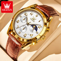 OLEVS Casual Watch for Men 2023 Latest Model Waterproof Luminous Chronograph Calendar Display Multifunctional Genuine Leather Strap