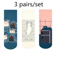 Socks women Harajuku Kawaii 2022 new spring happy smile 3 pairs lovely cartoon cat animal cotton teenagers favorate