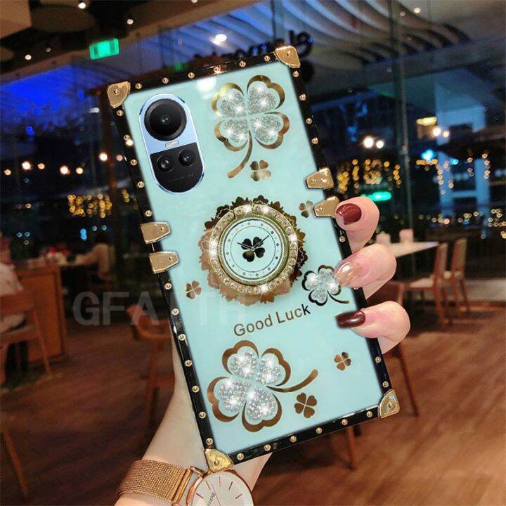 เคสใหม่-oppo-reno10-pro-10pro-5g-2023แฟชั่นเคสแข็งกันแรงกระแทกสี่เหลี่ยมด้านตรง-reno10-5g-พร้อมขายึดพลอยเทียม