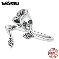 WOSTU 925เงินสเตอร์ลิงฮาโลวีนกะโหลกและแหวนกุหลาบกับใบนิรันดร์รักนิ้วเปิดแหวนเครื่องประดับ Fine ของขวัญสำหรับผู้หญิง