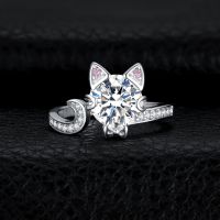 JewelryPalace New Arrival Love Cat 3ct Round Gemstone 925 Sterling Silver Open Adjustable Ring for Woman Girl Fashion Cute Ring