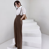 QOERLIN Split Wide Leg Overalls Women High Waist Casual Brown Jumpsuit Drape Pant Spaghetti Strap Long Trouser Plus Size Rompers