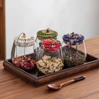 ☬ 350ML Fabric Wood Cover Glass Tea Caddy High Quality Kitchen Storage Airtight Canister Coffee Rice Food Candy Jar Variety Styles