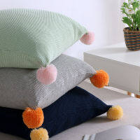 Nordic Solid Color Knitted Pillowcase Contrast Color Fur Ball Tassels Pillow Case Fall Decorations 45X45 Home Car Cushion Cover