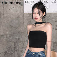 [Zhnenanqu] เสื้อกั๊กสตรีสีทึบเรียบง่ายแขนกุด Halter Design Streetwear Cropped Navel Wrap Tops