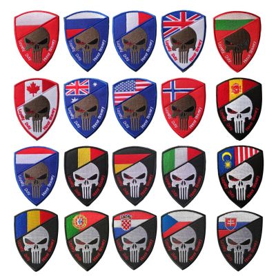 Skull Military Hook and Loop Patches 3D Embroidered National Flag Outdoor Backpack Stickers Clothing Hat Badges Bags Appliques Adhesives Tape