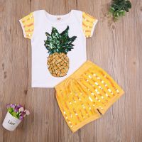 Baby Girls Casual 2pcs Clothes Set Yellow Pineapple Printed Short Sleeve Tops + Shorts Sequins Fashion Infant Outwear Clothes  by Hs2023