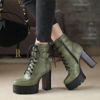 CODyx648 British Style Womens Martin Boots Thick Heel High Heel Ladies Ankle Boot PU Leather Lace Up Army Green