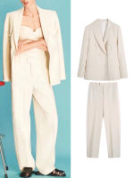 Z 2022 Spring Women Solid Blazer Suit Office Outfits Double Breasted Jacket+Straight Pant Pocket Long Sleeve Notched Blazers