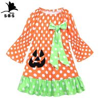 New long-sleeved childrens clothing girl Halloween dress black pumpkin ghost cartoon printed clothes  by Hs2023