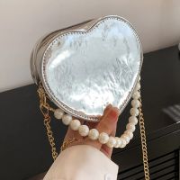 Women PU Leather Love Heart Chain Purse Mini Shoulder Bags Fashion Crossbody Bag Solid Color Ladies Messenger Bag Pearl Tote