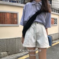 Xiaozhainv 3 สี ยีนส์ กางเกงขาสั้น เอวสูง ขากว้าง สำหรับผู้หญิง