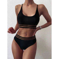 2021 Summer Womens Black Swimsuit Mid Waist Bikini 2 Pieces Sport Style Sexy Bandeau Thong Brazilian Biquini Femle Bathing Suit