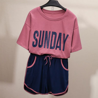 Girls Pajamas Set Fashion SUNDAY Print Casual Patchwork Sleepwear Short Sleeve T-shirt &amp; Drawstring Shorts Home Suit for Women