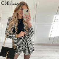 CNlalaxury 2022 New Spring Autumn Women Fashion Houndstooth Gold Button Blazer Suit Short Pant Casual Female Ladies Bottoms