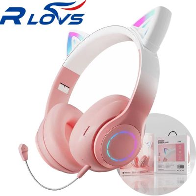 ZZOOI Wireless Headphone Bluetooth Headset Gradient Color LED Light Cat Ear With Mic Gamer HiFi Music Earphone Kids Lovely Gifts