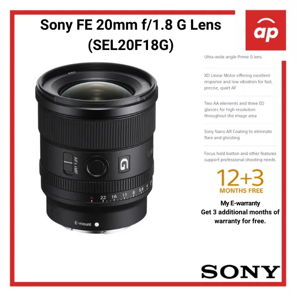 Sony FE 20mm F1.8 G Lens (SEL20F18G) - [Local 12 + 3 months Warranty]