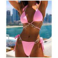 Sexy Luxury Swimwear Women 2022 Crystal Rhinestones Diamond Push Up Solid Swimsuit Neon Metal Chain Thong Bikinni Set Ropa Mujer