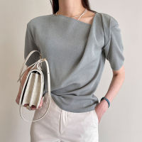 Korejpaa Women T-Shirt  Summer Korean Chic Irregular Temperament Exposed Collarbone Design Micro-Through Ice Silk Knit Top