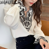 WAKUTA Elegant Business Ladies Blouses Korean 2022 Transparent Loose Flare Sleeve Hit Color Lace Patchwork Loose Offical Tops