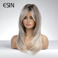 วิกผมสังเคราะห์ Hot ESIN สีบลอนด์เข้มปานกลางถึงวิกผมสีบลอนด์สีขาวสำหรับผู้หญิงผมชั้นไล่เฉดสีพร้อมรากผมสีเข้ม