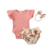 Citgeett Summer 0-24M Baby Clothing Infant Newborn Baby Girl Ruffled Ribbed Bodysuit Floral Shorts Headband 3Pcs Set  by Hs2023