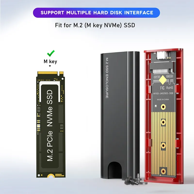 M2 SSD NVME Enclosure M.2 to USB 3.1 SSD Box Case for M.2 PCIe NVMe M Key  2230/2242/2260/2280 Tool Free Adapter, Black